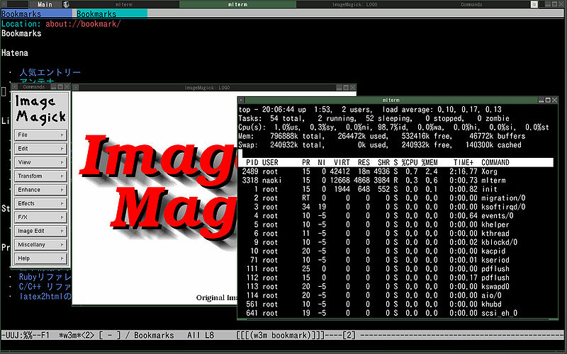 File:Fluxbox(grean-tea), emacs22-nox, top and Image Magick.jpg